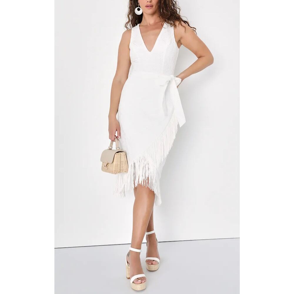 NWT Lulus Always Ravishing White Eyelet Fringe Midi Dress Medium